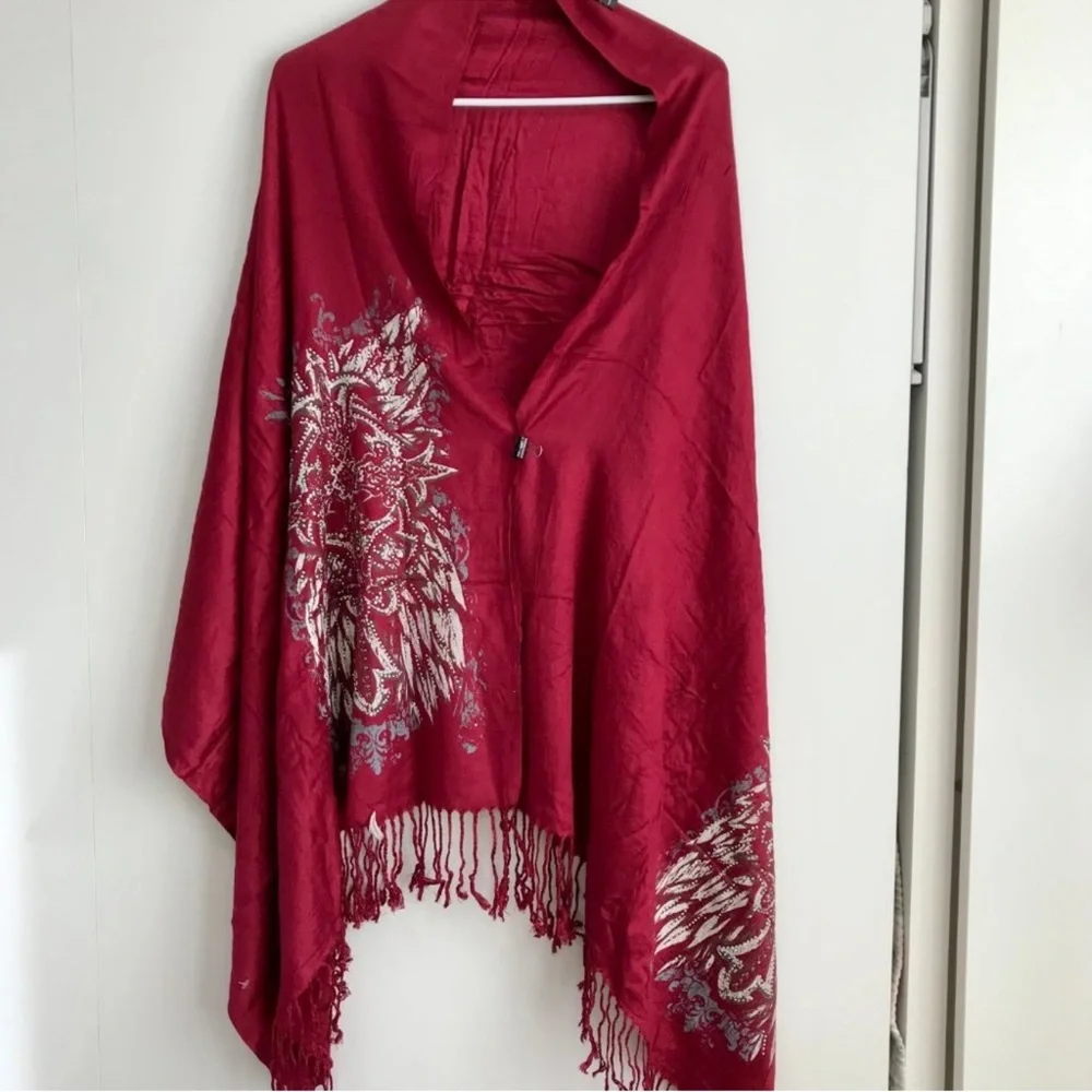 Embellished Wine Red Shawl with Silver Floral Design